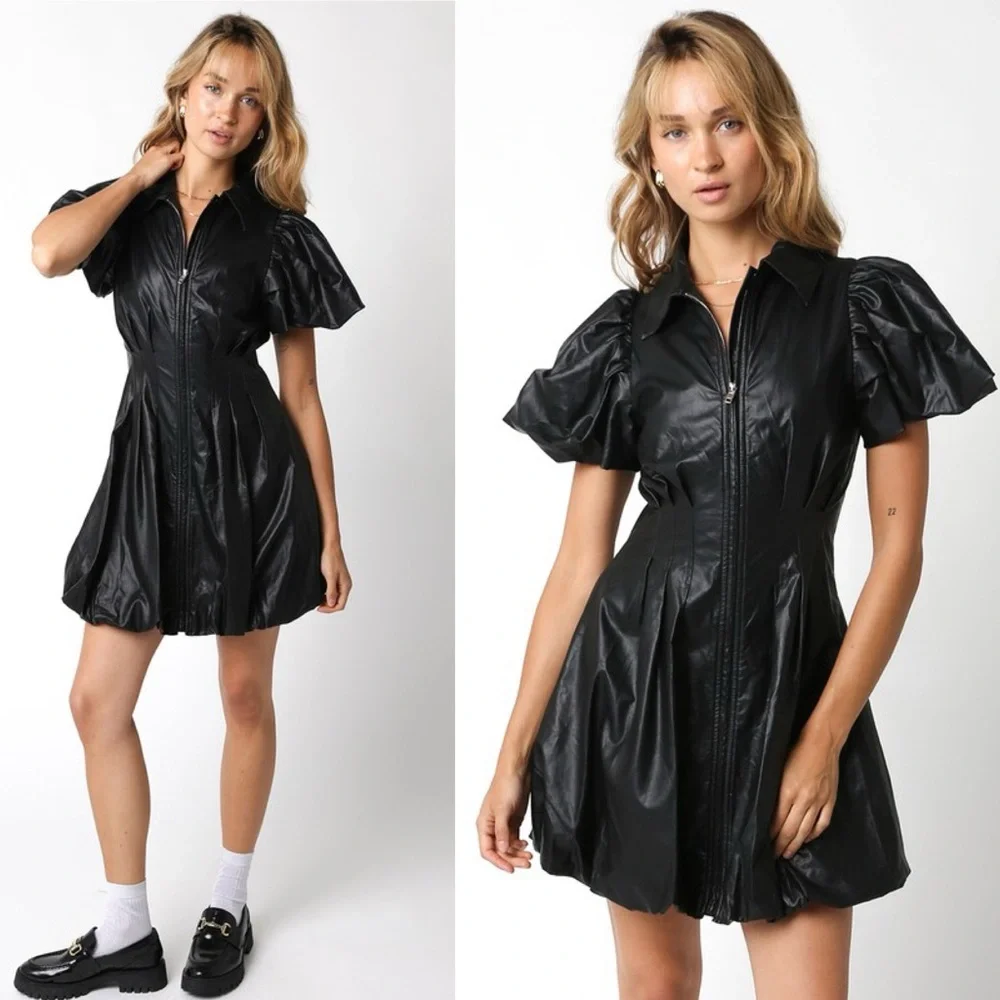 *BLACK FRIDAY SALE* Icon Black Faux Leather Bubble Hem Mini Dress - Picture 3 of 6